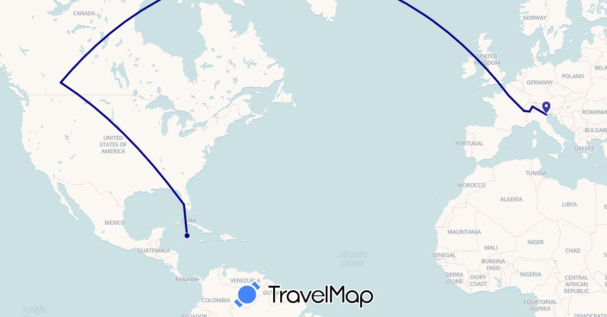 TravelMap itinerary: driving in Canada, Switzerland, France, United Kingdom, Italy, Cayman Islands, United States (Europe, North America)